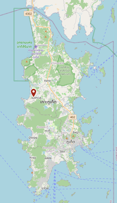 แผนที่เกาะภูเก็ตพร้อมหมุดในบริเวณเชิงทะเล ซึ่งเป็นพื้นที่ของที่ตั้งสำนักงานแห่งใหญ่ตามทะเบียน